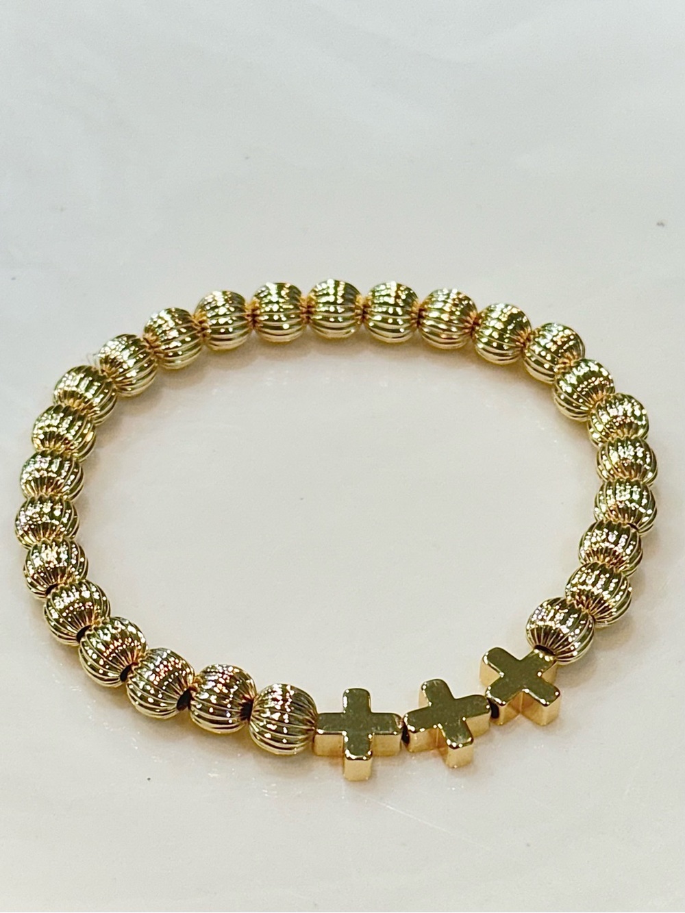 Hand Crafted Lux Infinity Cross 6mm Gold Bead Bracelet